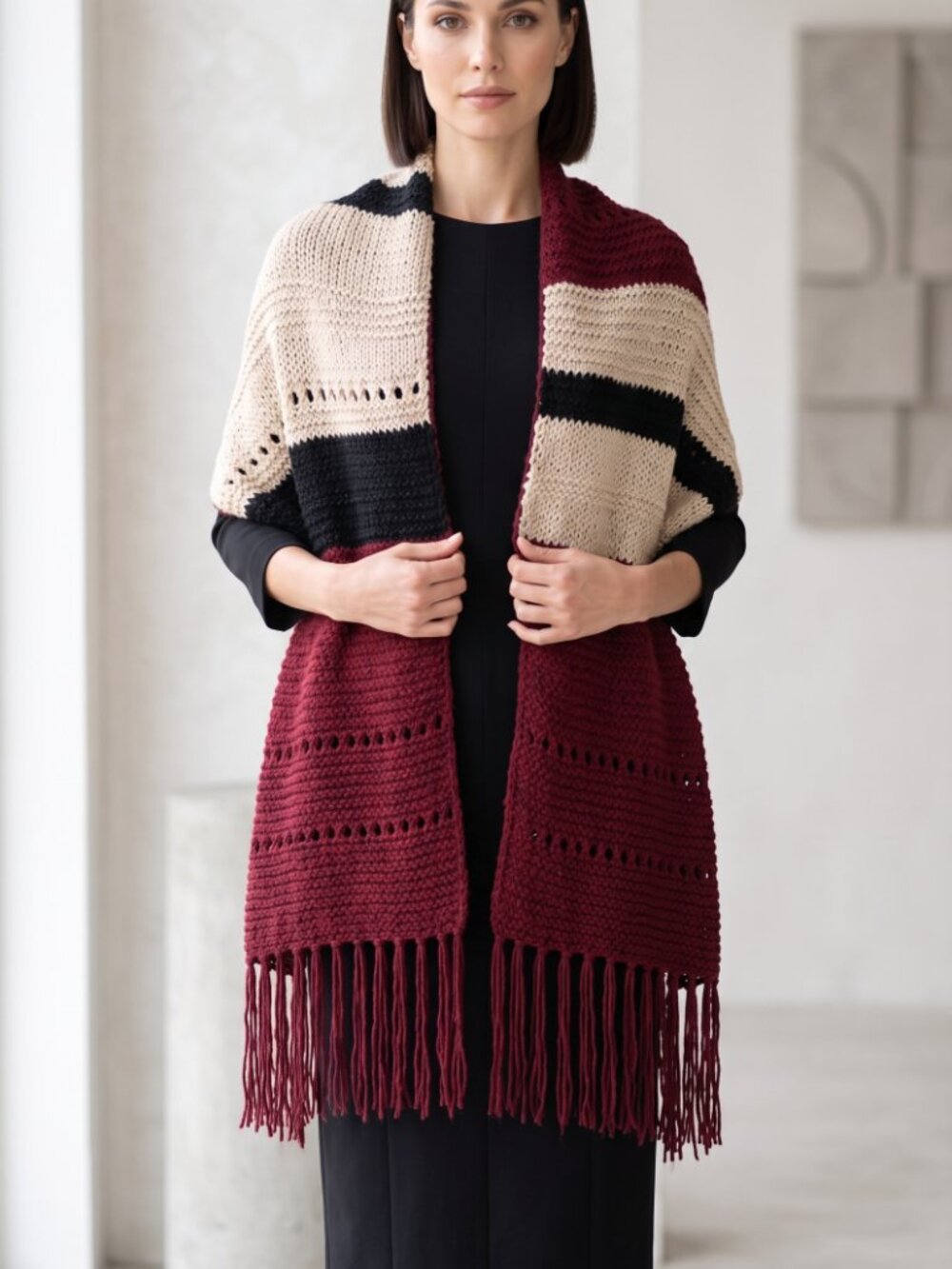 NEW Beige Black Burgundy Hand Knit Shawl Wrap Boho Cottage Fringe Western Indie